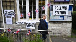 POOLE, ENGLAND - MAY 04:  A person leaves Canford Cliffs Library Polling station, as people go to the polls in the local elections, on May 04, 2023 