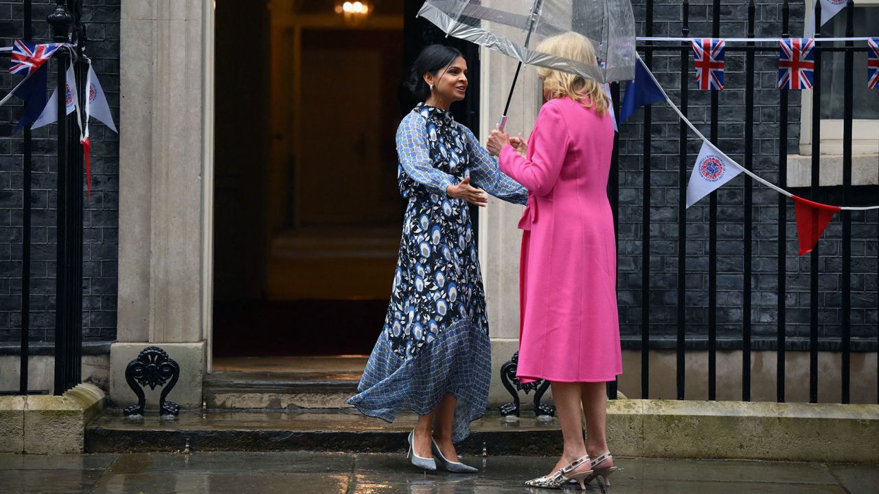 Akshata Murty, wife of Britain's Prime Minster welcomes first lady Jill Biden upon arrival at 10 Downing Street in London on May 5.