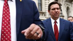 Florida Governor Ron DeSantis walks outside the Treasury during his visit in London in April.
