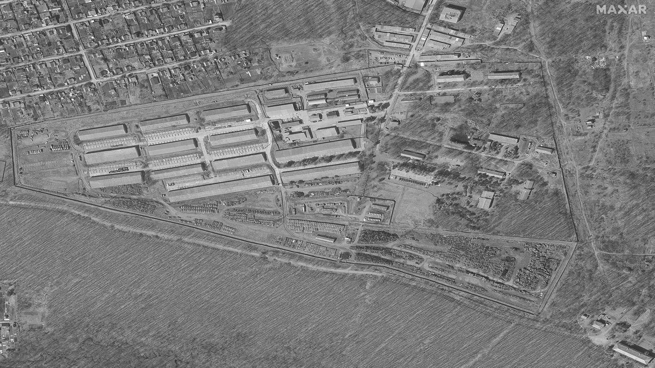 A second Maxar satellite image shows the Arsenyev tank depot on April 21, 2023.