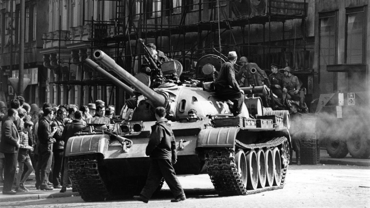 T-55 tanks drive through the streets of Prague, capital of what was then Czechoslovakia, in 1968.