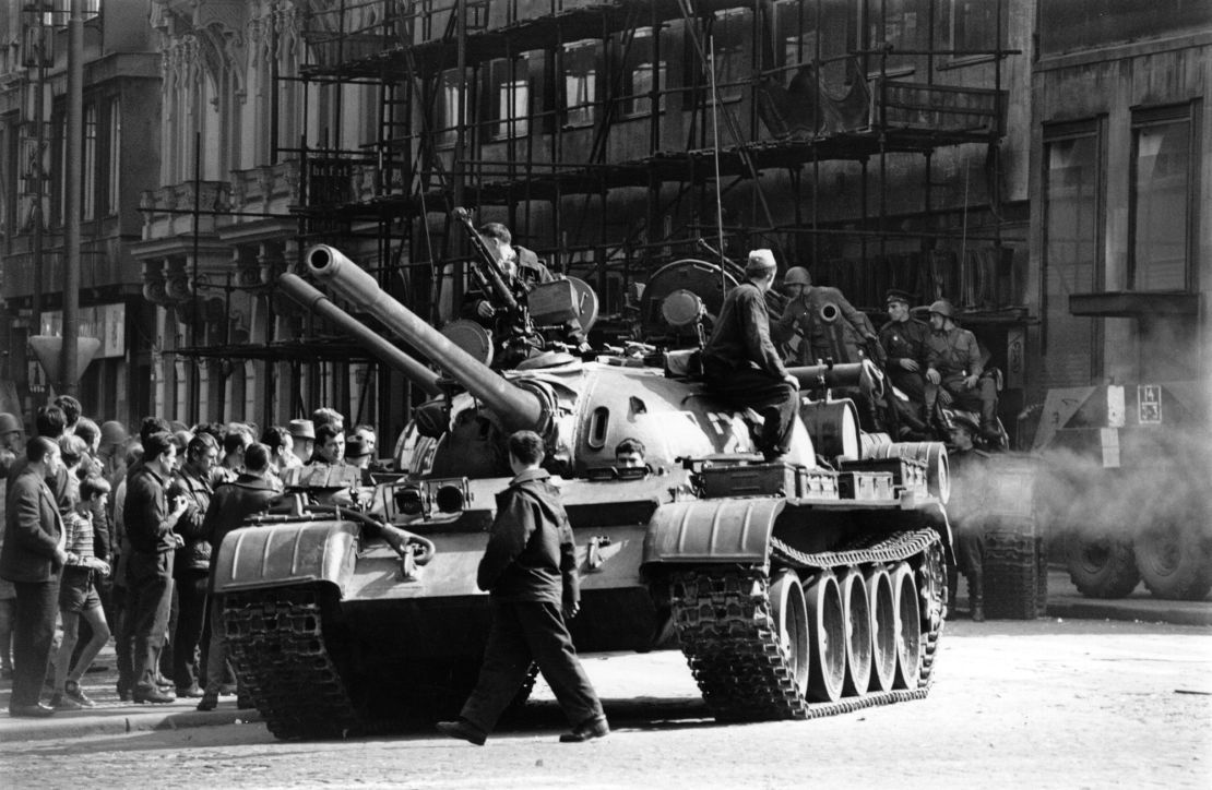 T-55 tanks drive through the streets of Prague, capital of what was then Czechoslovakia, in 1968.