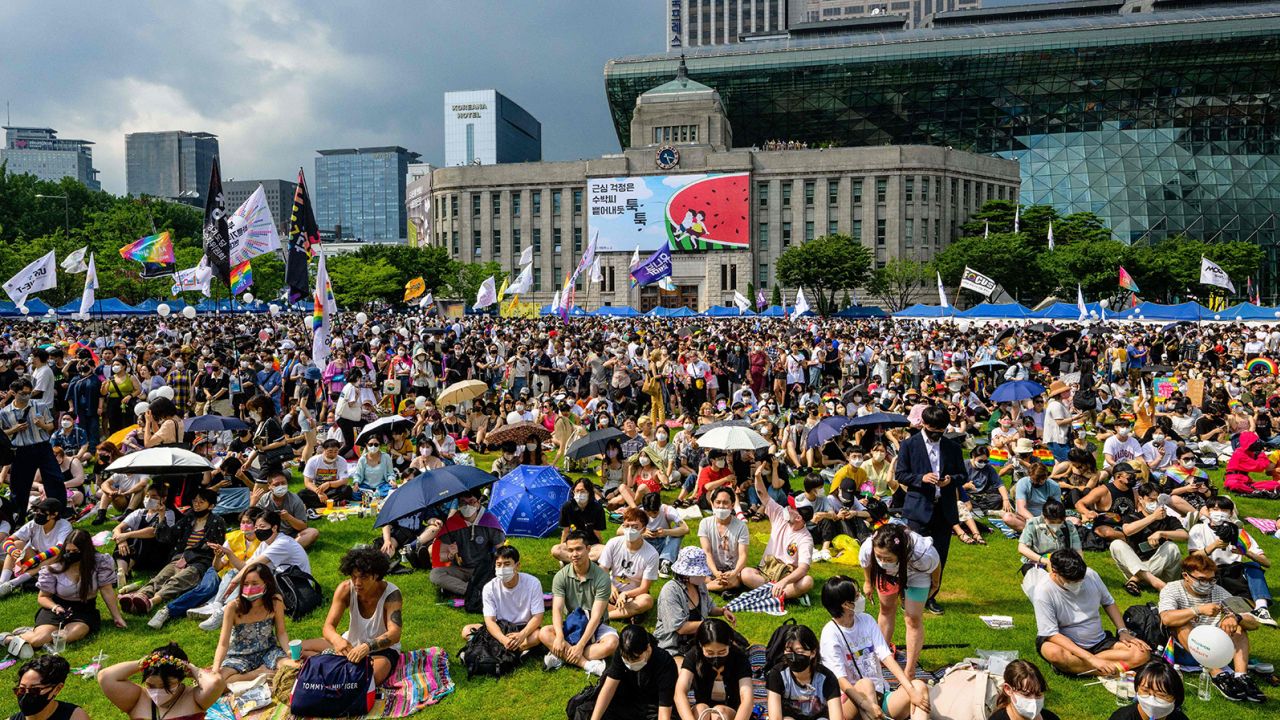 Participants of the Seoul Queer Culture Festival in South Korea gather at the Seoul City Hall Plaza on July 16, 2022. 
