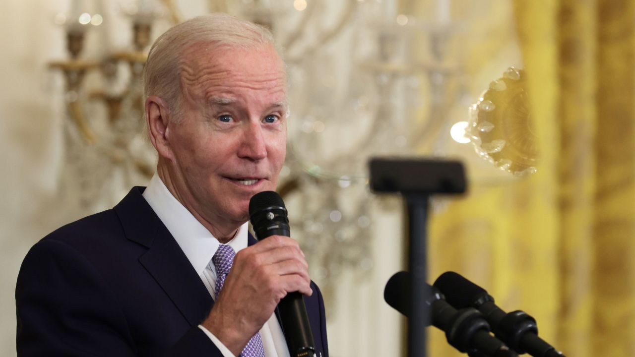 President Joe Biden speaks during a reception at the White House in Washington, DC, on May 1, 2023.
