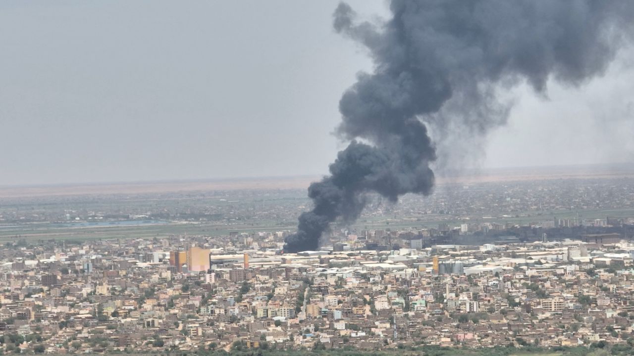 Drone footage shows clouds of black smoke over Bahri, also known as Khartoum North, Sudan,on May 1, 2023.
