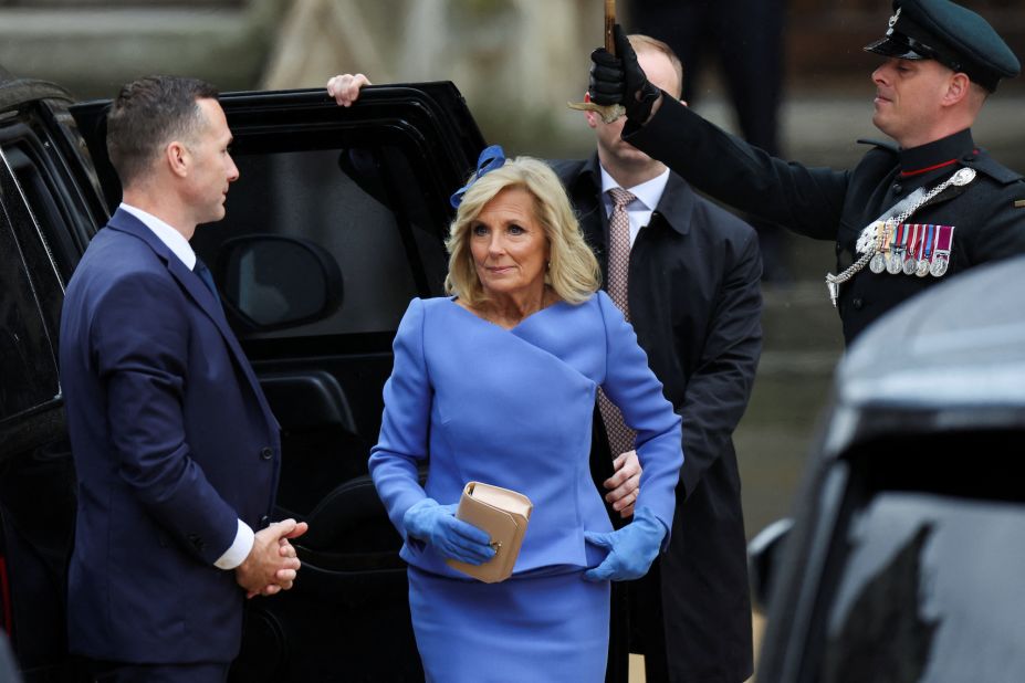 Jill Biden, first lady of the United States, arrives at Westminster Abbey. Biden, <a href="https://www.cnn.com/uk/live-news/king-charles-iii-coronation-ckc-intl-gbr/h_054e67e7c5ebf898814c9b3c1126fb9f" target="_blank">who led the US delegation</a>, traveled with her granddaughter Finnegan Biden.