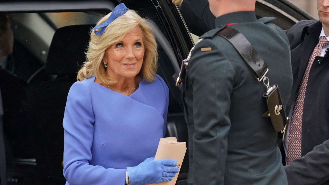 US first lady Jill Biden arrives at Westminster Abbey in London on May 6, 2023, for the coronation ceremony of King Charles III of the United Kingdom. 
