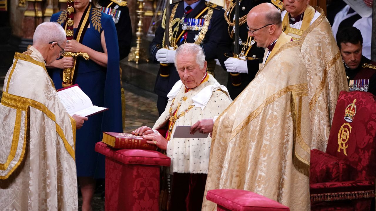 King Charles III during his coronation ceremony in Westminster Abbey, London, on Saturday.