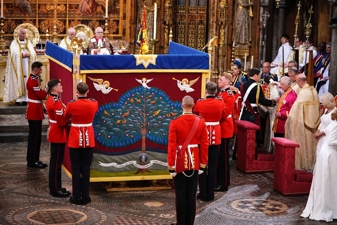 An anointing screen is erected for King Charles III at the coronation ceremony. <a href="https://www.cnn.com/uk/live-news/king-charles-iii-coronation-ckc-intl-gbr/h_bf90cc361d9bb2d2940704187697b0cd" target="_blank">The most sacred part of the service</a> — the anointing — took place behind the screen.