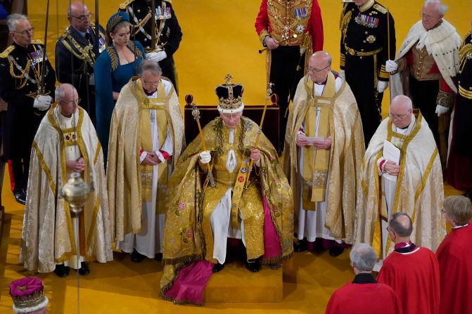 Charles receives the St. Edward's Crown during his <a href="http://www.cnn.com/2023/05/06/uk/gallery/coronation-king-charles/index.html" target="_blank">coronation ceremony </a>at Westminster Abbey in May 2023.