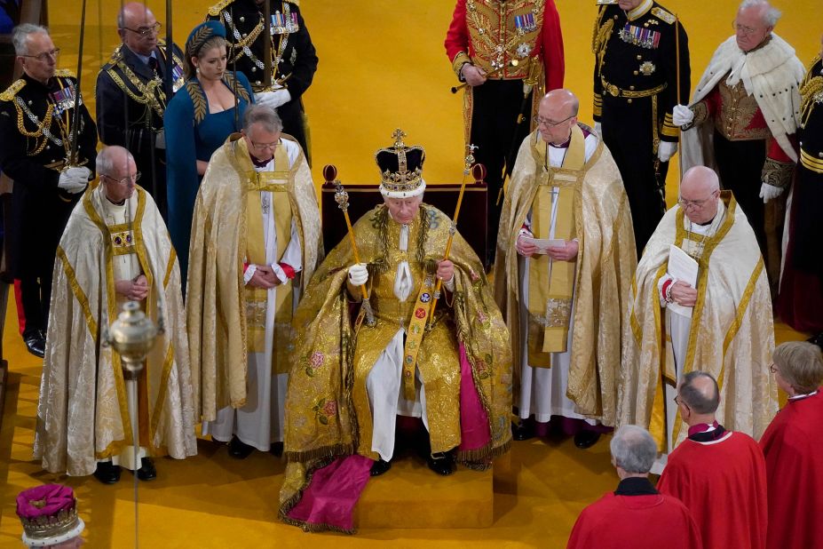 The King wears the St. Edward's Crown during his coronation.