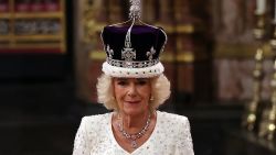 Britain's Camilla walks wearing a modified version of Queen Mary's Crown during the Coronation Ceremony inside Westminster Abbey in central London, on May 6, 2023.. - The set-piece coronation is the first in Britain in 70 years, and only the second in history to be televised. Charles will be the 40th reigning monarch to be crowned at the central London church since King William I in 1066. Outside the UK, he is also king of 14 other Commonwealth countries, including Australia, Canada and New Zealand. (Photo by Richard POHLE / POOL / AFP) (Photo by RICHARD POHLE/POOL/AFP via Getty Images)