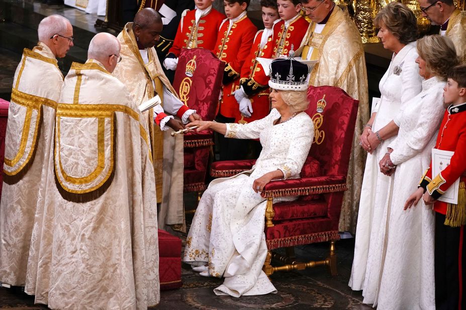 Camilla wears the Queen Mary's Crown during a <a href="http://www.cnn.com/2023/05/06/uk/gallery/coronation-king-charles/index.html" target="_blank">coronation ceremony</a> that took place at Westminster Abbey in May 2023.