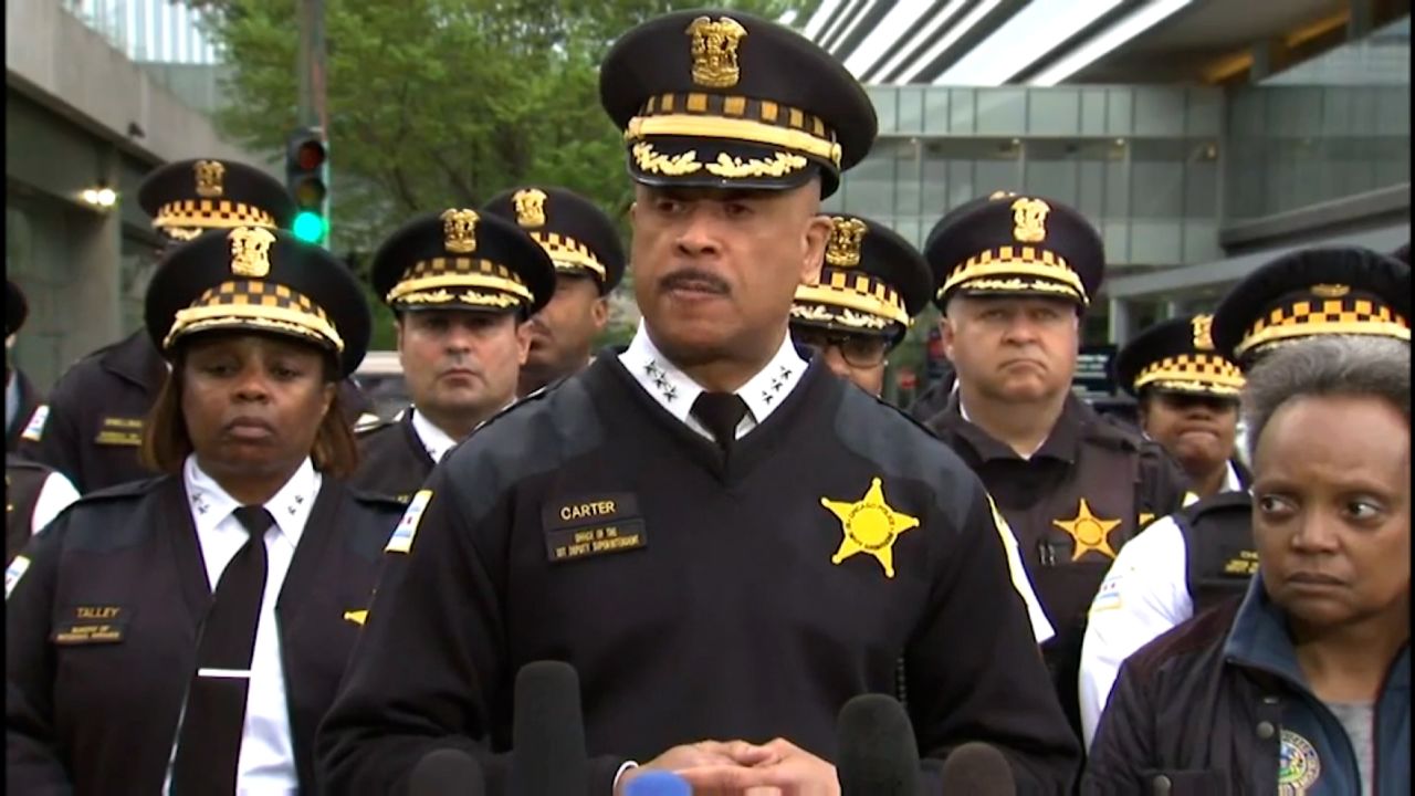 Eric Carter, interim superintendent of the Chicago Police Department, speaks after an officer was shot and killed in the early hours of Saturday morning.