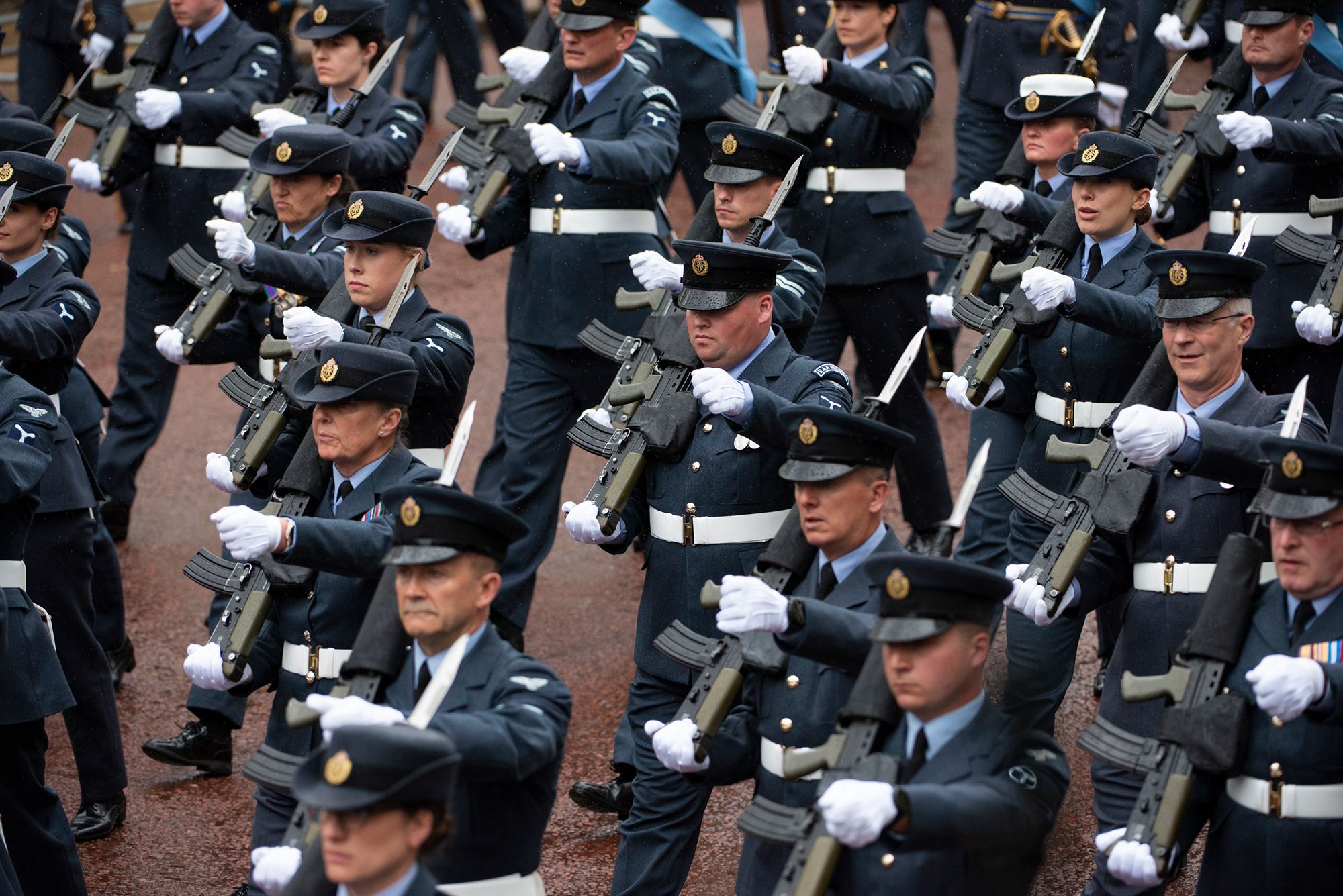 Troops march in London ahead of the coronation ceremony.