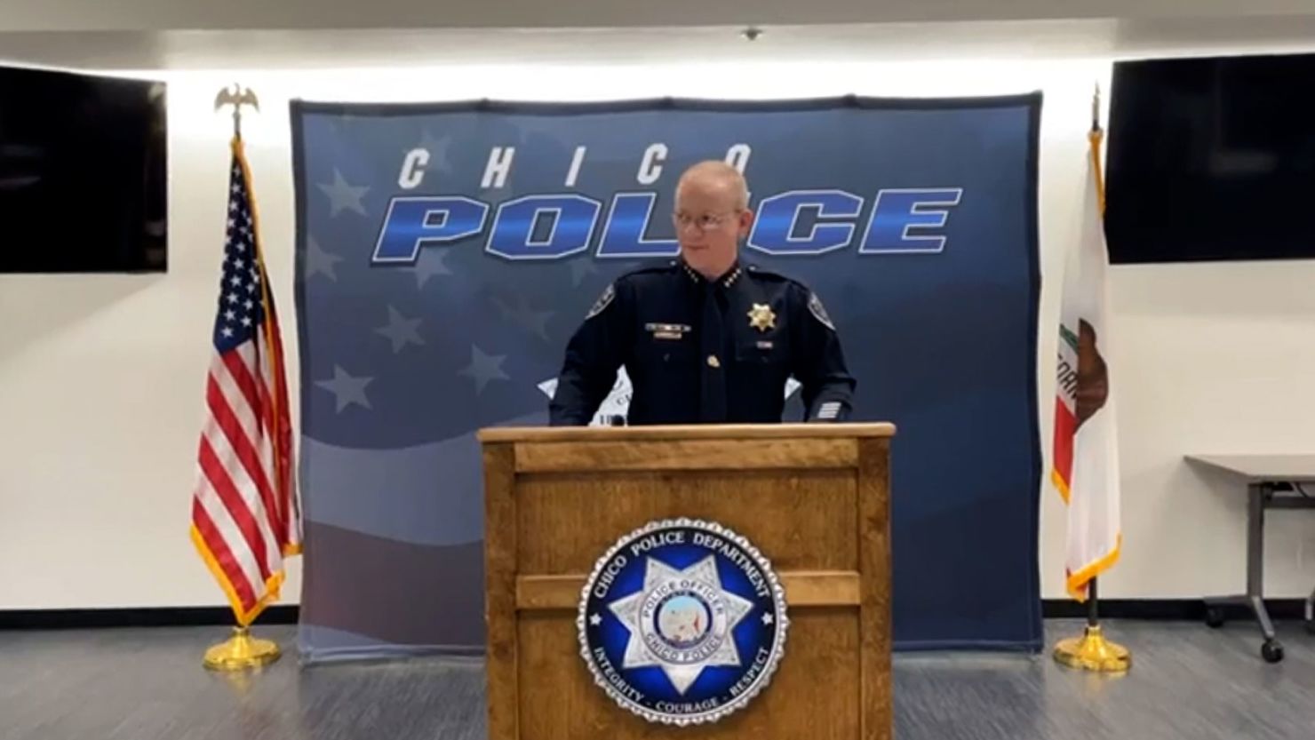 The Chico Police Department on Saturday morning gives a media briefing about the overnight shooting at a large party in Chico, California.