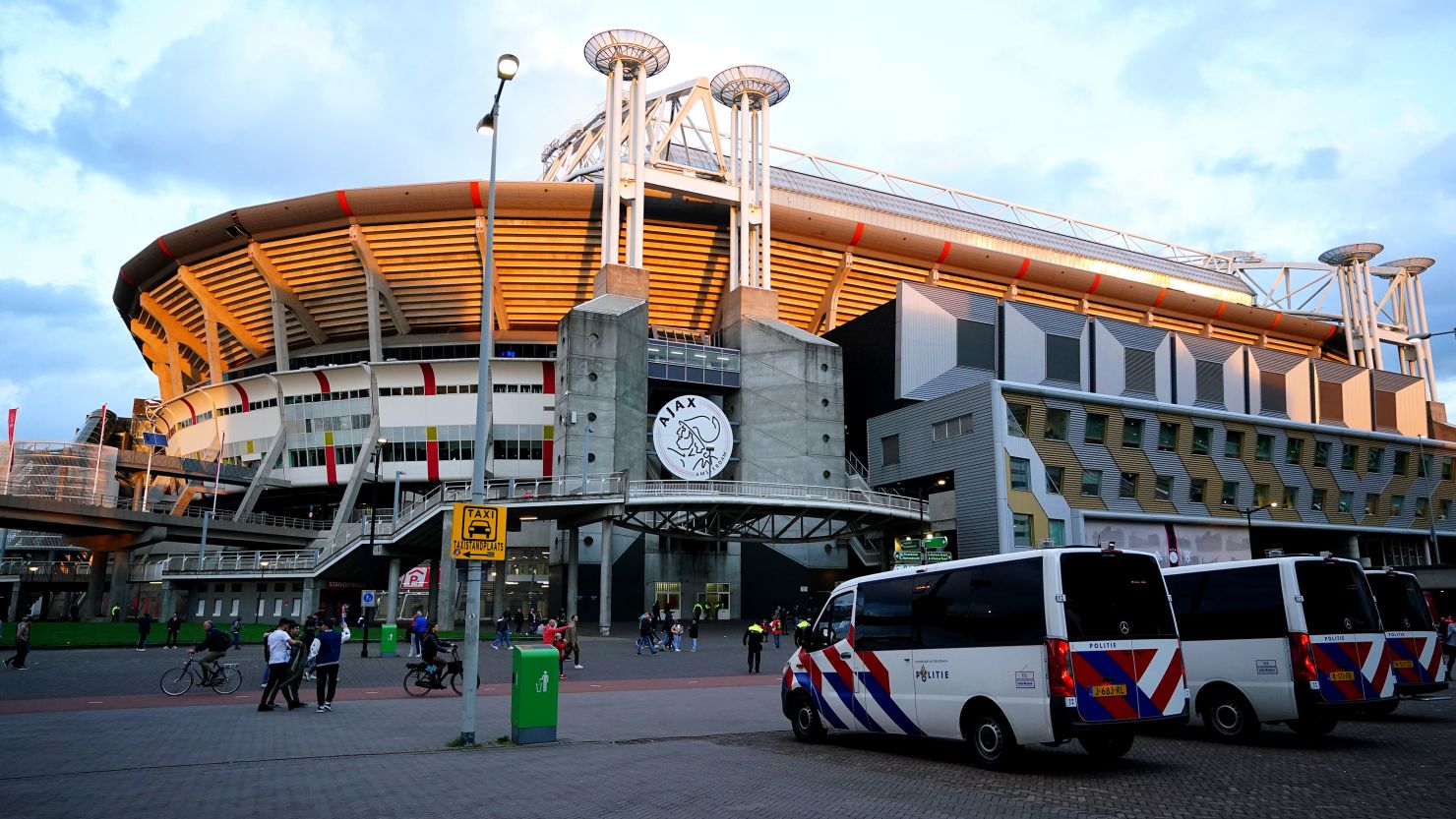 Police vans outside the Johan Cruijff Arena in Amsterdam, Netherlands, ahead of a UEFA Champions League match in October 2022.