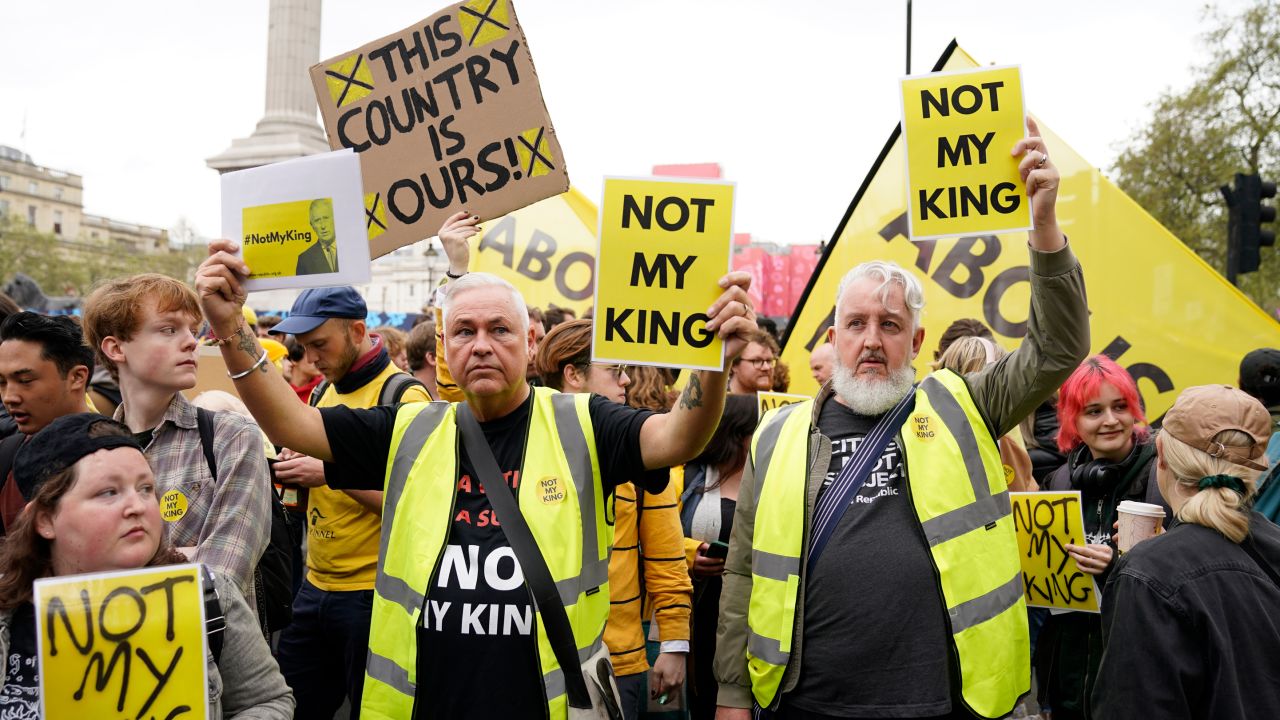 Anti-monarchy protesters demonstrate near the procession route for Britain's King Charles III coronation in London on Saturday.