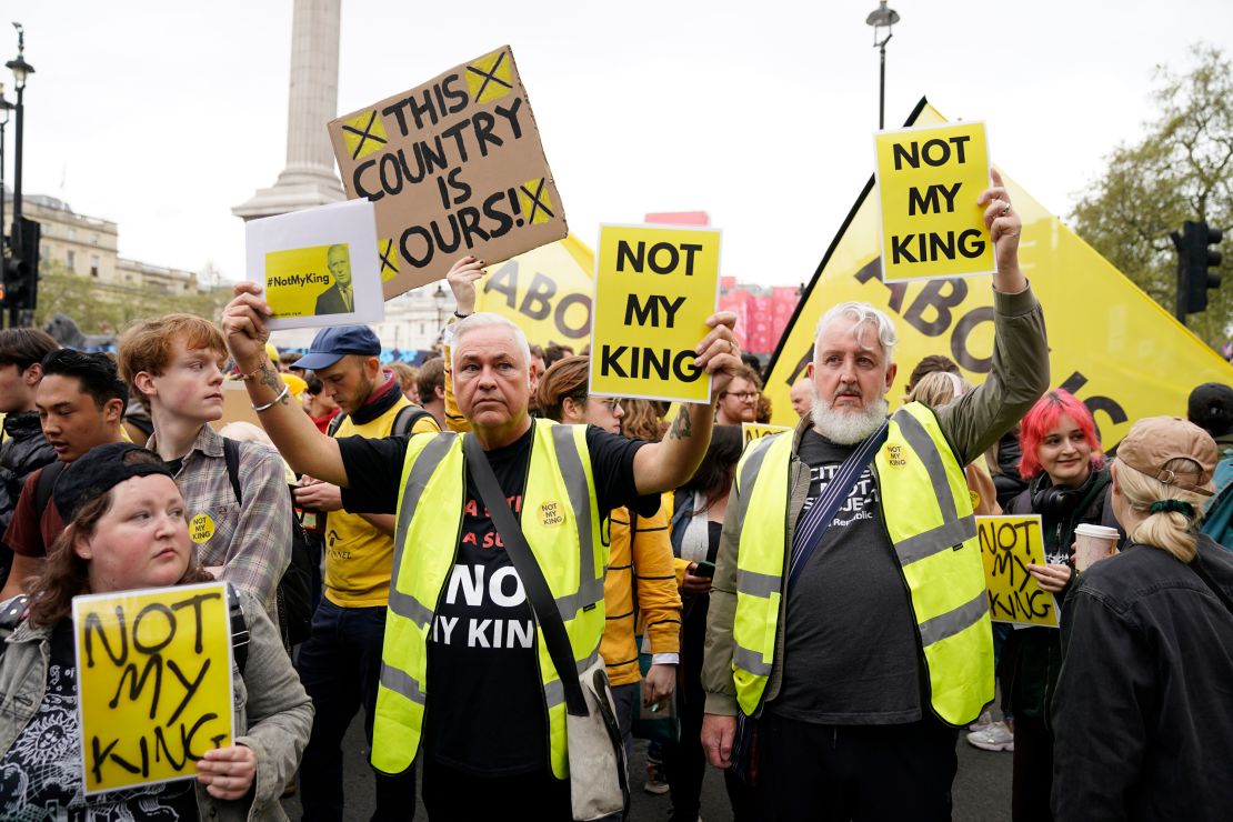 Anti-monarchy protesters demonstrate near the procession route for Britain's King Charles III coronation in London on Saturday.