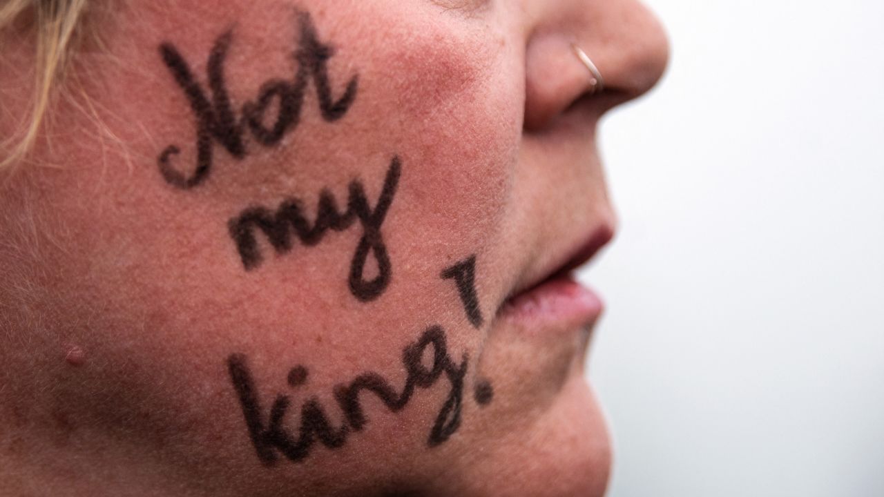 A member of the public attends a "Rally For A Republic - Not My King" anti-monarchy rally on Calton Hill in Edinburgh on Saturday.