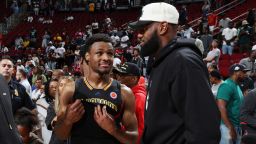 HOUSTON, TX - MARCH 28: McDonalds High School All American Bronny James (6) talks with his father LeBron James after the 2023 McDonalds High School All American Boys Game at Toyota Center. (Photo by Brian Spurlock/Icon Sportswire (Icon Sportswire via AP Images)