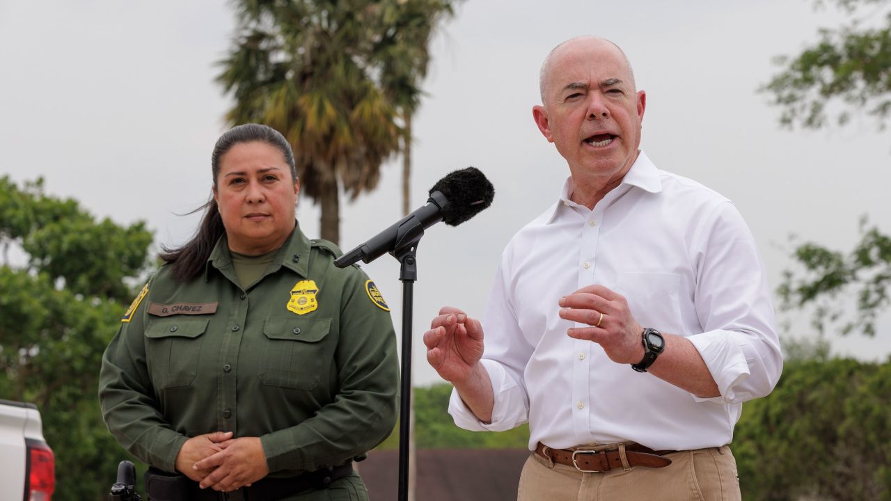 US Department of Homeland Security Secretary Alejandro Mayorkas speaks on Friday in Brownsville, Texas, about immigration and the expiration of Title 42.
