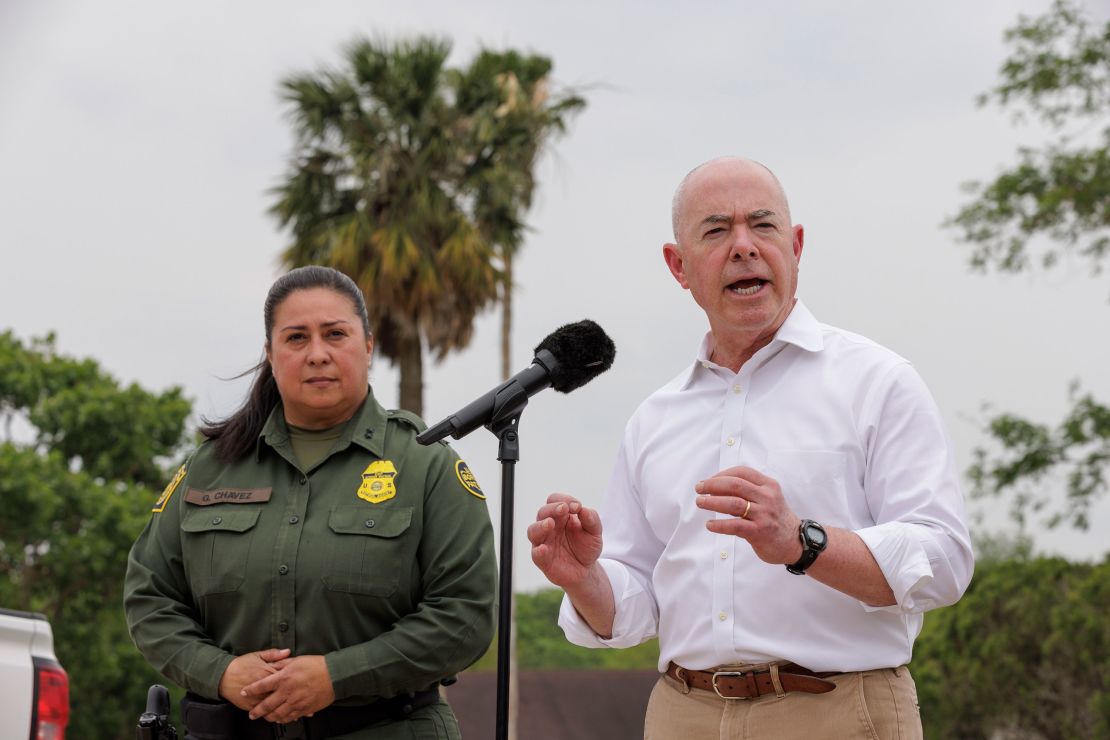 US Department of Homeland Security Secretary Alejandro Mayorkas speaks on Friday in Brownsville, Texas, about immigration and the expiration of Title 42.