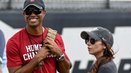 Sep 14, 2019; Orlando, FL, USA; PGA golfer Tiger Woods (red shirt) and girlfriend Erica Herman look on prior to the game between the UCF Knights and the Stanford Cardinals at Spectrum Stadium. 