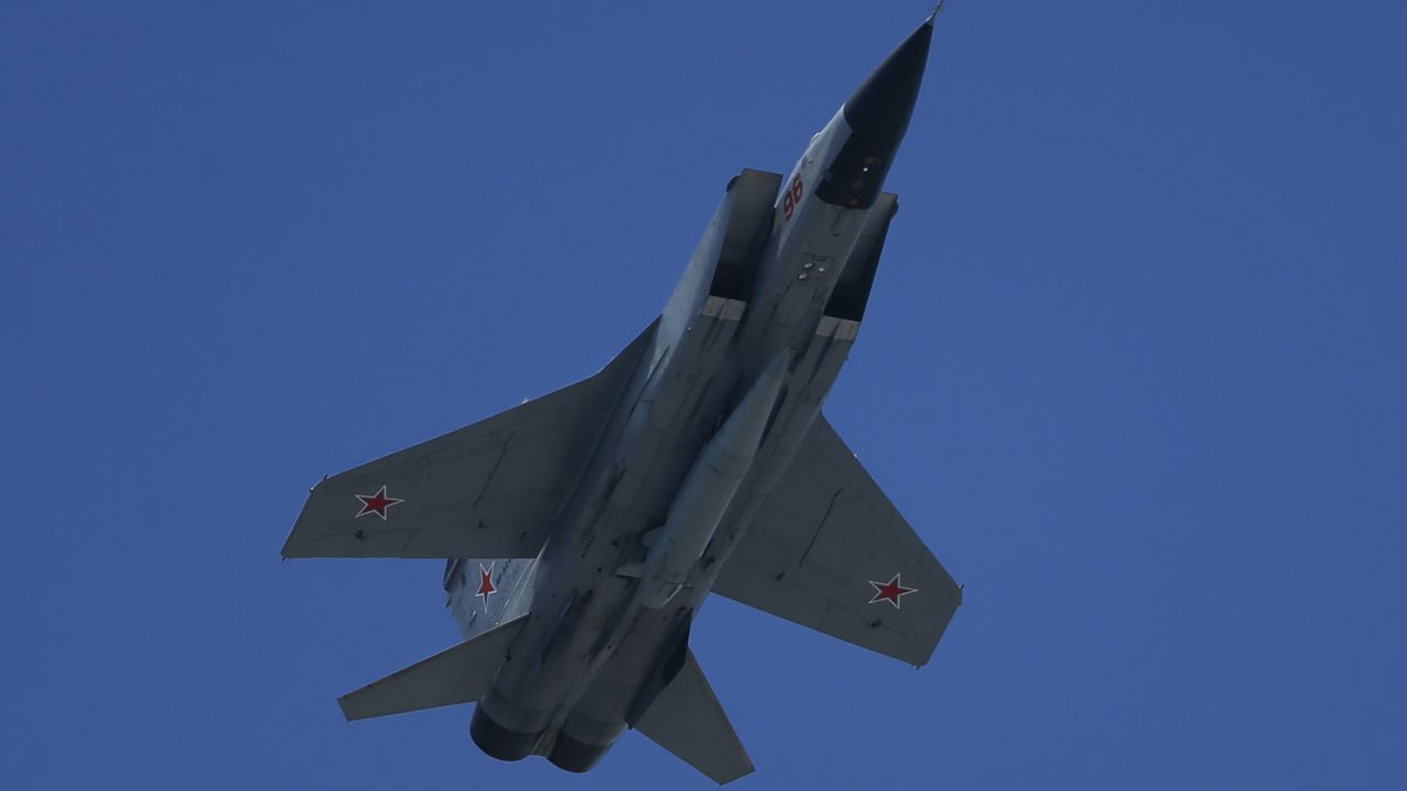 The MIG-31k fighter jet performs during Victory Day in Red Square in Moscow, Russia on June 24, 2020. 