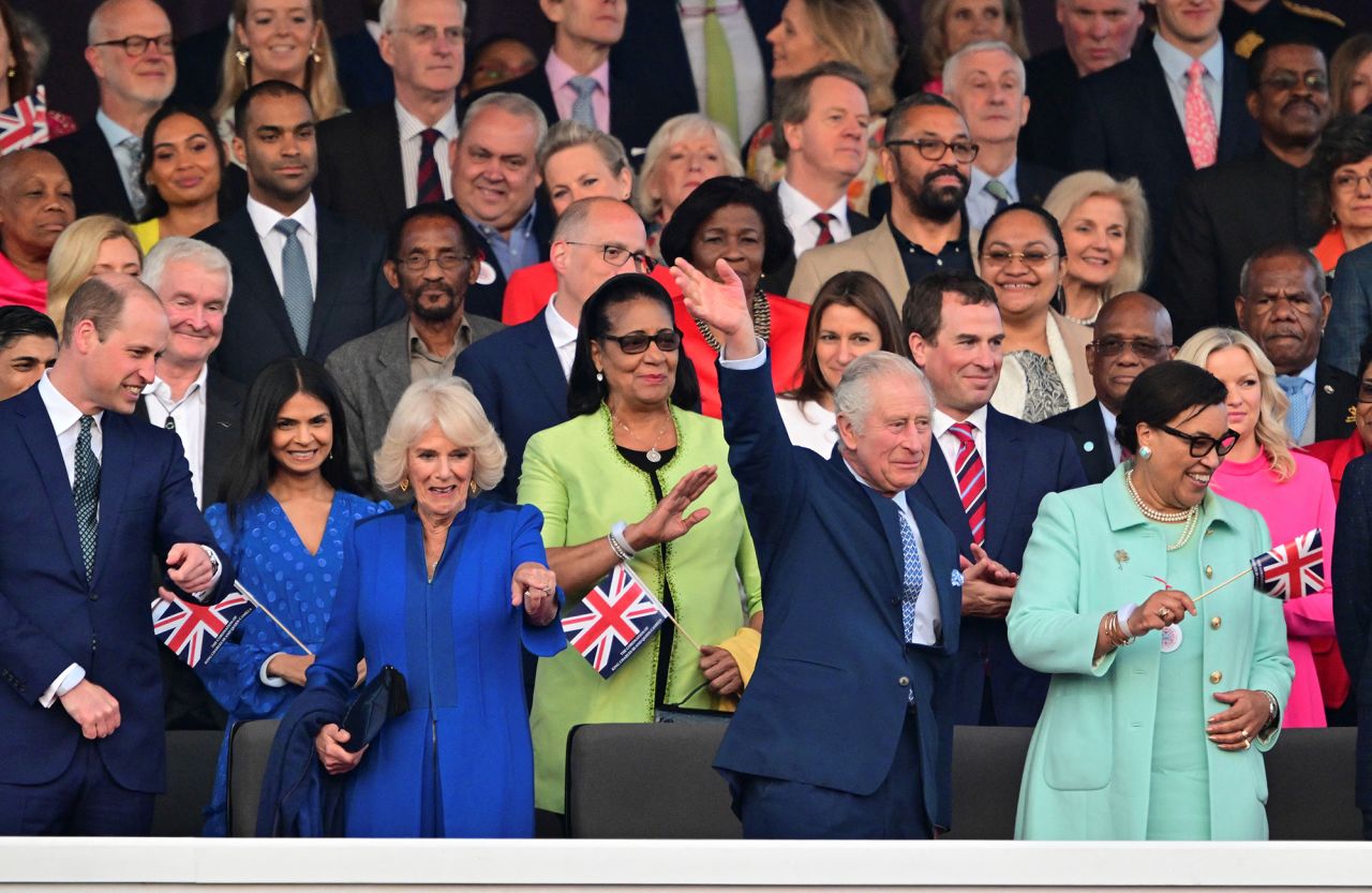 From left, Prince William, Queen Camilla, King Charles and Baroness Patricia Scotland attend the concert.