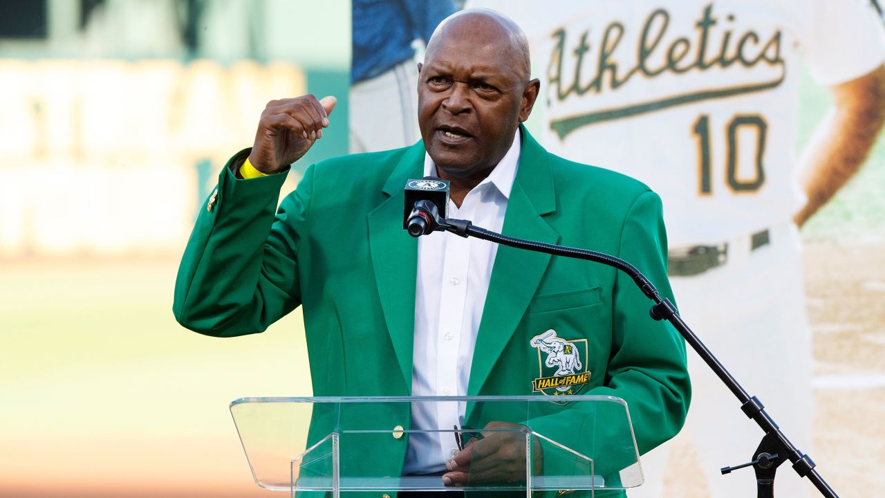 Former pitcher Vida Blue of the Oakland Athletics stands on the field during the team's 2019 Hall of Fame ceremony.