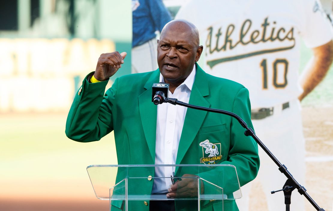 Former pitcher Vida Blue of the Oakland Athletics stands on the field during the team's 2019 Hall of Fame ceremony.