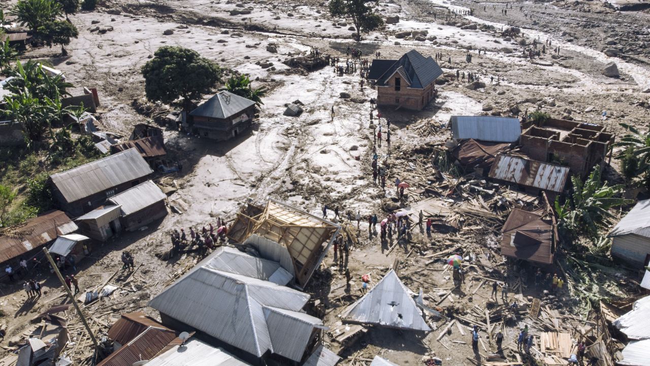 This aerial photograph taken on May 6, 2023 shows a landslide that engulfed Nyamukubi village, eastern Democratic Republic of Congo.