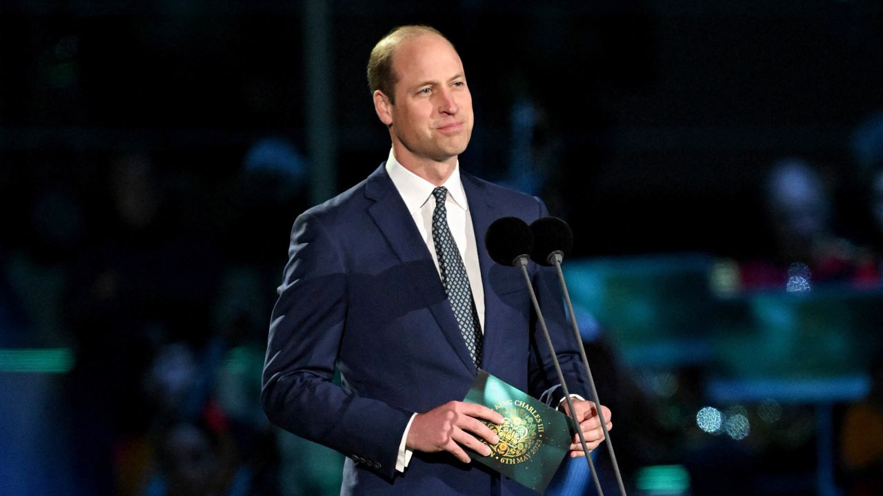 Britain's Prince William speaks on stage at the coronation concert in Windsor, west of London, on Sunday.