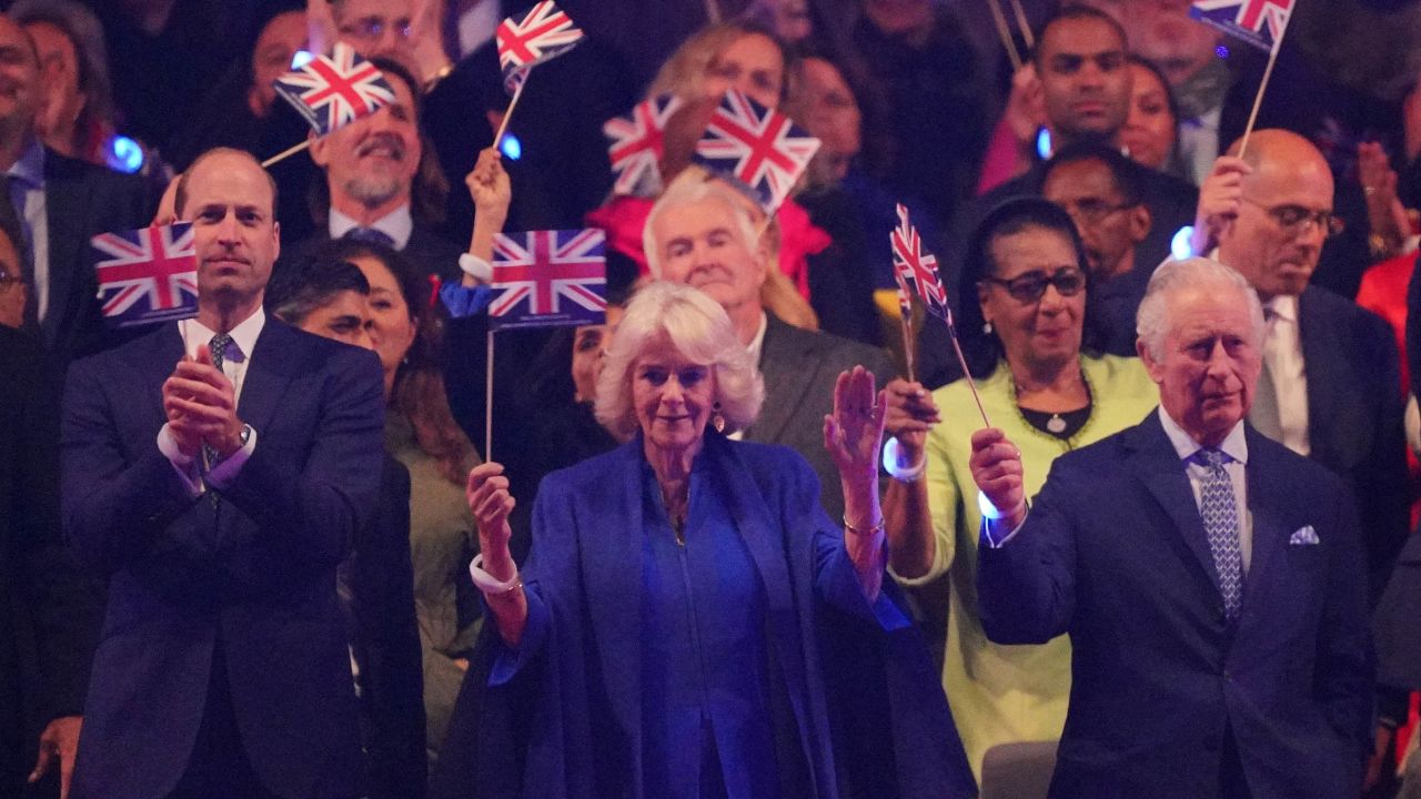 Prince William, Prince of Wales (left); Queen Camilla and King Charles III (right) at the Coronation Concert on Sunday.