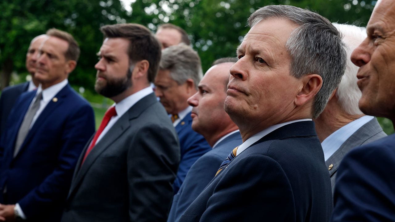 Sen. Steve Daines joins fellow Senate Republicans for a news conference outside the Capitol on May 3 in Washington, DC.