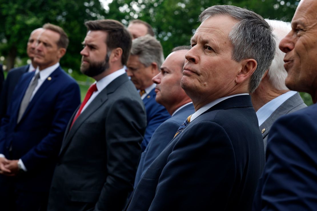 Sen. Steve Daines joins fellow Senate Republicans for a news conference outside the Capitol on May 3 in Washington, DC. 