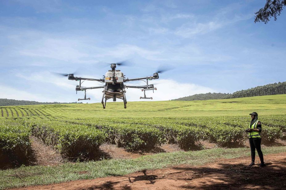 Amid a worsening climate crisis, technology has a vital role to play in ensuring we can produce enough food for a rapidly growing population. Pictured, a Kenya Airways unmanned aerial vehicle (UAV) spreads fertilizer at a farm in Musereita, Kenya. <strong>Scroll through the gallery to see more innovations to help feed the world.</strong>