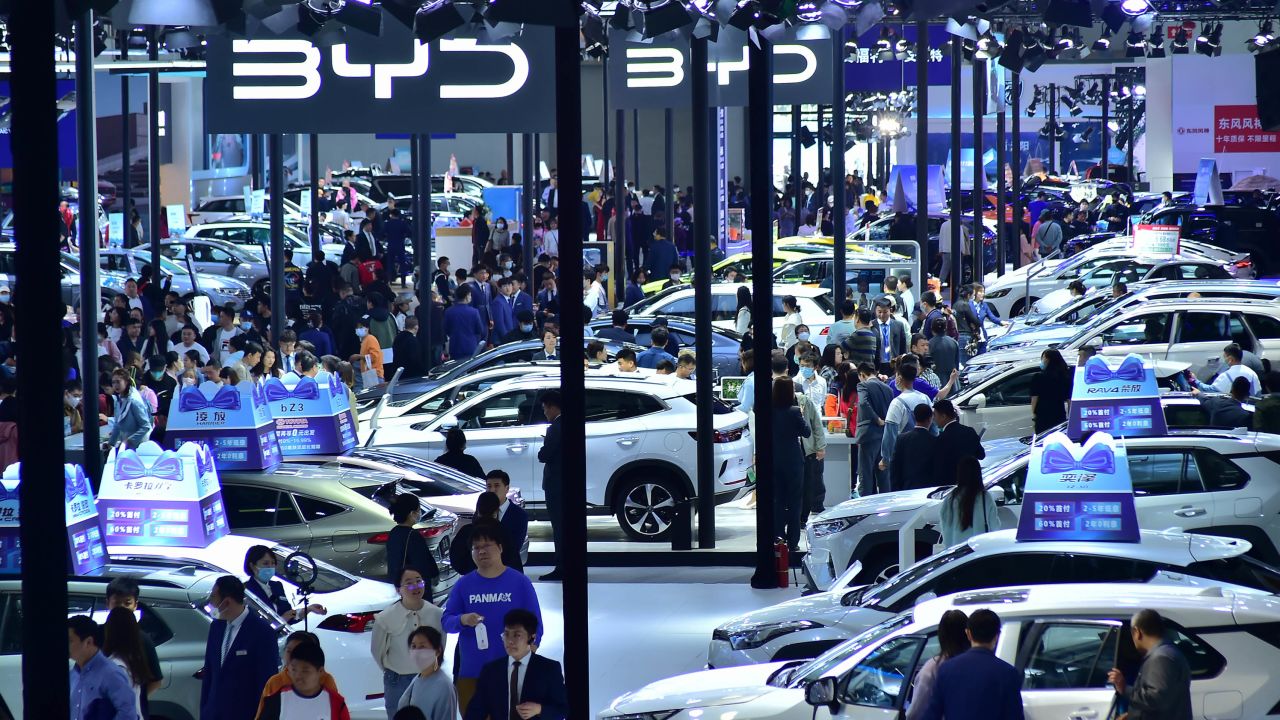 BYD's booth at the 2023 Shenyang International Auto Show on May 3, 2023 in northeastern China