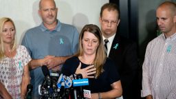 Nichole Schmidt, mother of Gabby Petito, whose death on a cross-country trip sparked a manhunt for her fiance Brian Laundrie, speaks alongside, from left, Tara Petito, stepmother, Joseph Petito, father, Richard Stafford, family attorney, and Jim Schmidt, stepfather, during a news conference, Tuesday, Sept. 28, 2021, in Bohemia, NY. 