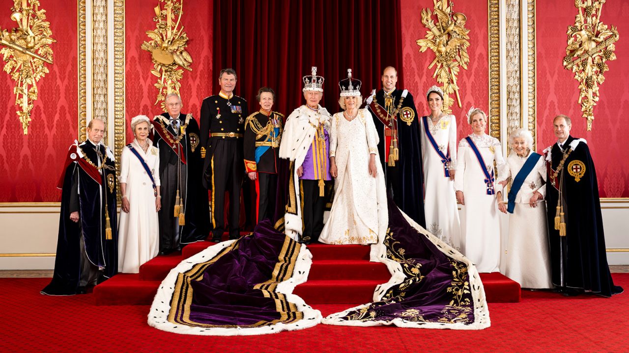 In this photo made available by Buckingham Palace on Monday, May 8, 2023, Britain's King Charles III and Queen Camilla are pictured with members of the working royal family, from left Prince Edward, the Duke of Kent, Birgitte, Duchess of Gloucester, Prince Richard, the Duke of Gloucester, Vice Admiral Sir Tim Laurence, Princess Anne, Prince William, the Prince of Wales, Kate, the Princess of Wales, Sophie, the Duchess of Edinburgh, Princess Alexandra, the Hon. Lady Ogilvy and Prince Edward, the Duke of Edinburgh, in the Throne Room at Buckingham Palace, London. 