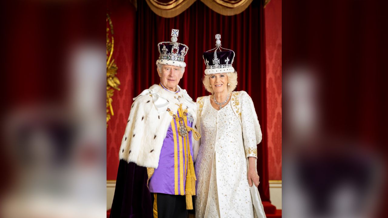 In this photo made available by Buckingham Palace on Monday, May 8, 2023, King Charles III and Queen Camilla are pictured in the Throne Room at Buckingham Palace, London. 