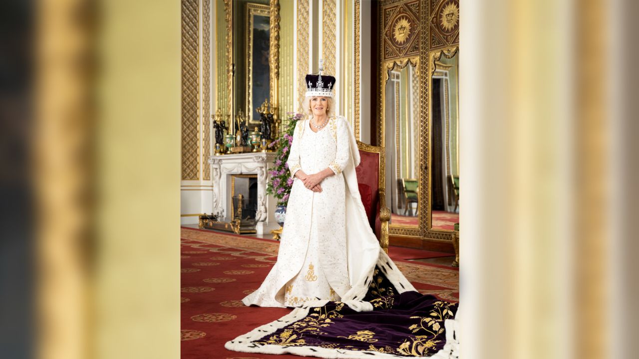 Britain's Queen Camilla poses for a photo in The Green Drawing Room of Buckingham Palace, London.