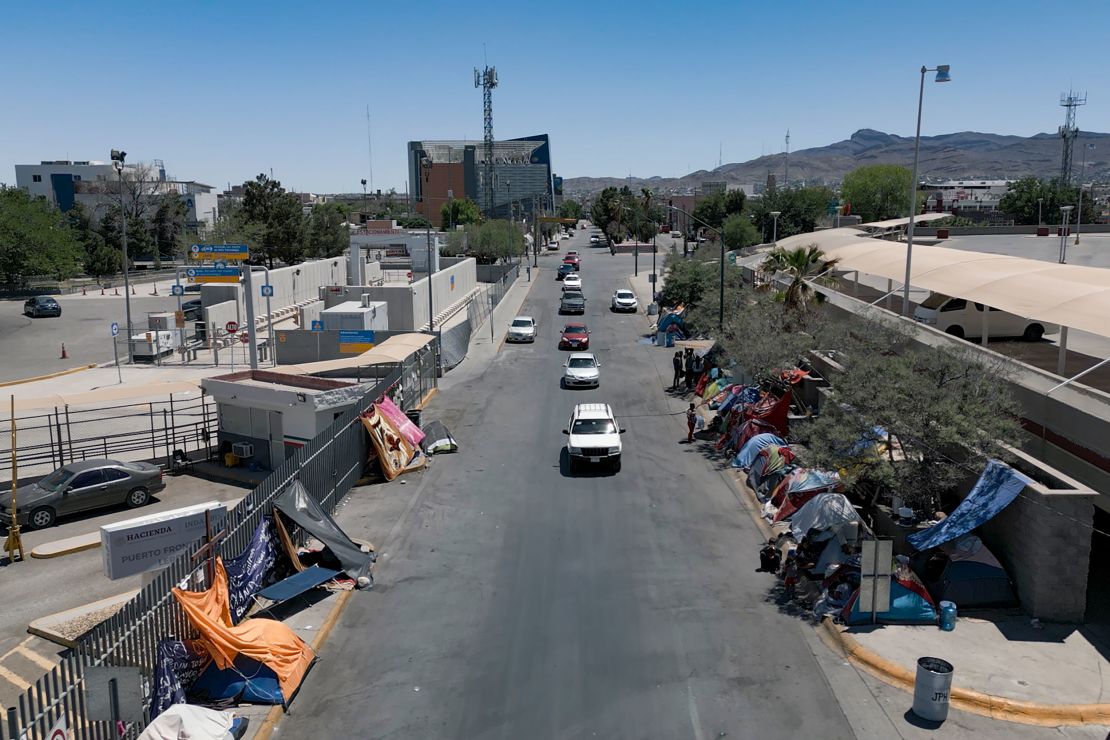A tent encampment is seen along a street in Ciudad Juárez.