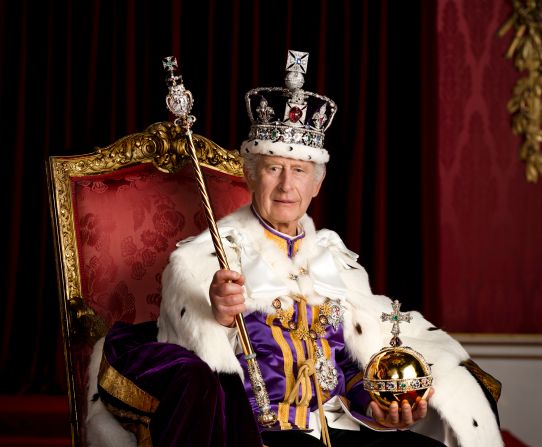 Britain's King Charles III <a href="index.php?page=&url=https%3A%2F%2Fwww.cnn.com%2F2023%2F05%2F08%2Fuk%2Fcoronation-official-portraits-intl-gbr-ckc%2Findex.html" target="_blank">poses for a portrait</a> in Buckingham Palace's Throne Room after his official coronation in May 2023.