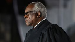 WASHINGTON, DC - OCTOBER 26: Supreme Court Associate Justice Clarence Thomas attends the ceremonial swearing-in ceremony for Amy Coney Barrett to be the U.S. Supreme Court Associate Justice on the South Lawn of the White House October 26, 2020 in Washington, DC. The Senate confirmed Barrett's nomination to the Supreme Court today by a vote of 52-48. (Photo by Tasos Katopodis/Getty Images)
