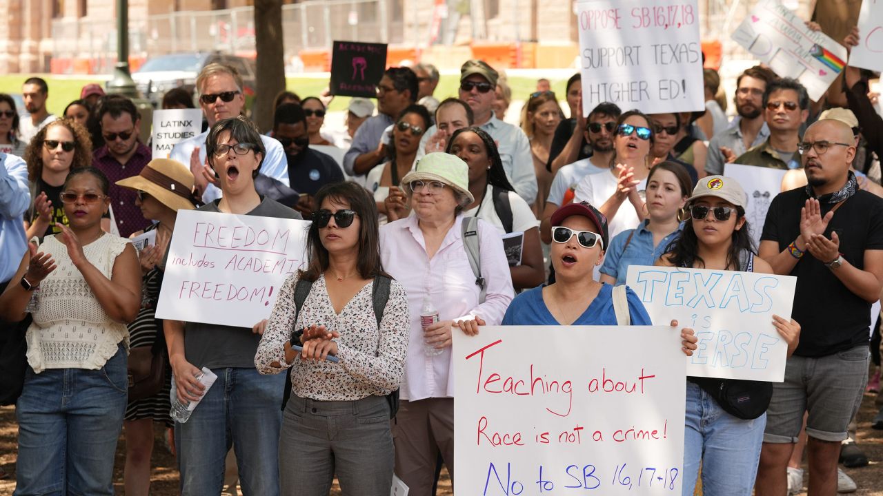 College students and faculty protest against bills that would ban certain teaching about race and gender, ban diversity, equity, and inclusion programs, and abolish tenure during the Freedom to Learn Texas Day of Action rally at the Capitol on Wednesday May 3, 2023.  Participants at the rally were encouraged to visit their representatives to voice their opposition to the bills.