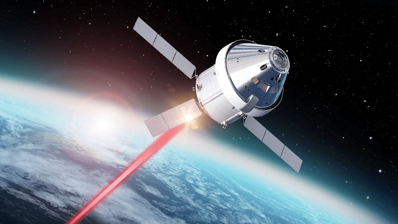 This illustration depicts the Orion Artemis II Optical Communications System sending a laser signal from the Orion spacecraft to Earth.