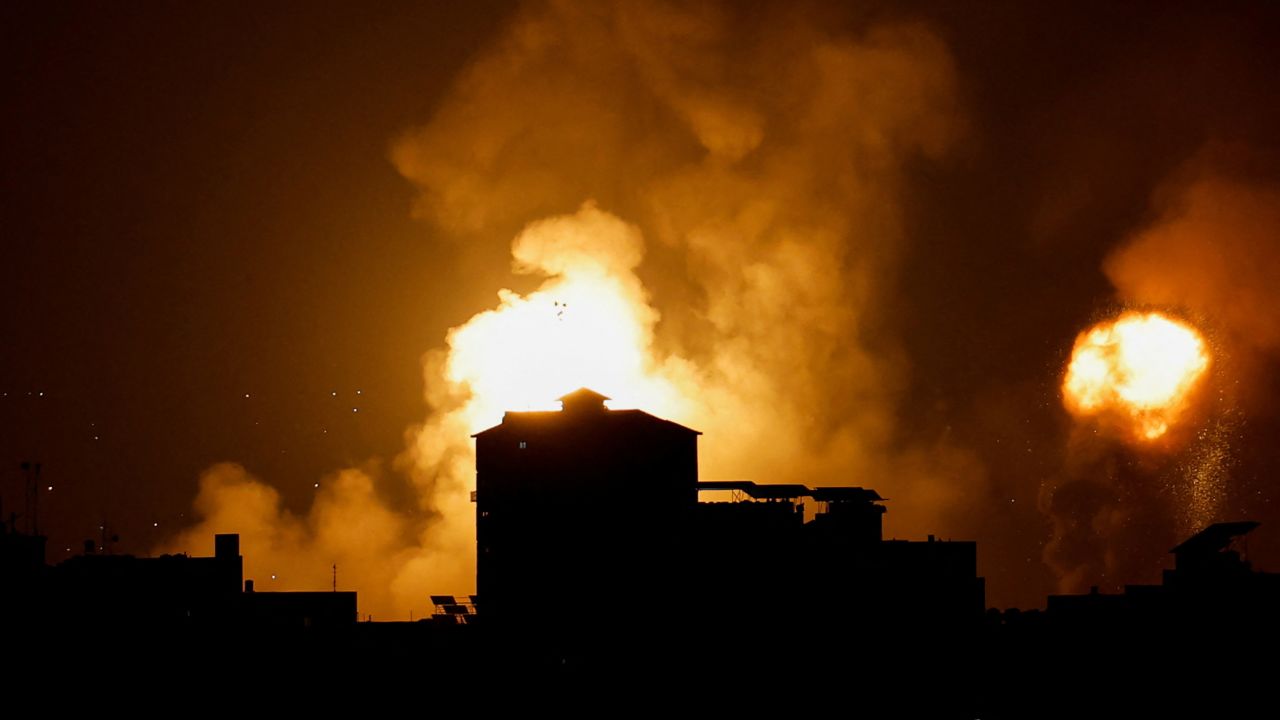 Smoke and flames rise into the sky after the Israeli military said it struck Islamic Jihad targets, in Gaza, May 9.