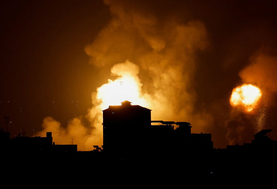 Smoke and flames rise into the sky after the Israeli military said it struck Islamic Jihad targets, in Gaza, May 9.